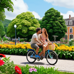 **

A scenic park with a couple on a tandem bicycle, surrounded by lush greenery and colorful flowers. Benches and a small cafe are visible in the background, suggesting relaxation and convenience.

**