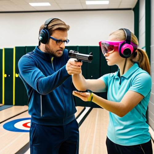 A young couple, fully clothed in modest, professional athletic wear, in a modern, well-lit indoor shooting range. Both are wearing appropriate ear protection and safety glasses. The woman is holding a handgun, focused intently on aiming at a distant target under the calm guidance of a male professional instructor. The man stands beside her, observing supportively with a positive expression, symbolizing shared learning and partnership. The background shows clear, well-maintained shooting lanes and targets. Professional photography, high quality, sharp focus, natural lighting, safe for work, appropriate content, fully clothed, professional, perfect anatomy, correct proportions, natural pose, well-formed hands, proper finger count, natural body proportions.