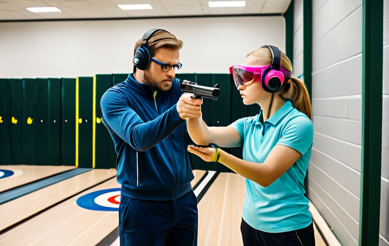 A young couple, fully clothed in modest, professional athletic wear, in a modern, well-lit indoor shooting range. Both are wearing appropriate ear protection and safety glasses. The woman is holding a handgun, focused intently on aiming at a distant target under the calm guidance of a male professional instructor. The man stands beside her, observing supportively with a positive expression, symbolizing shared learning and partnership. The background shows clear, well-maintained shooting lanes and targets. Professional photography, high quality, sharp focus, natural lighting, safe for work, appropriate content, fully clothed, professional, perfect anatomy, correct proportions, natural pose, well-formed hands, proper finger count, natural body proportions.